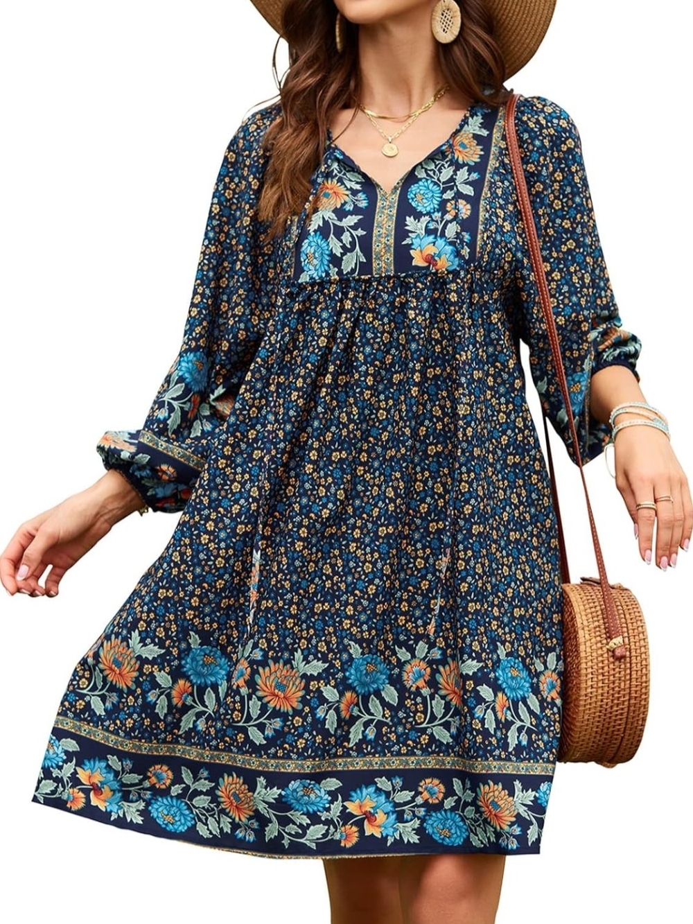 NWT Qearal Bohemian Floral Tie-Neck Midi Dress in Black, Teal, And Orange Colors